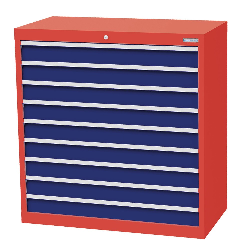 Zdjęcie produktu nr 1: Szafa z szufladami Bedrunka+Hirth Profi, szuflady 9 x 100 mm, wys. x szer. x gł. 1019 x 980 x 500 mm, czerwony drogowy, niebieski gencjanowy