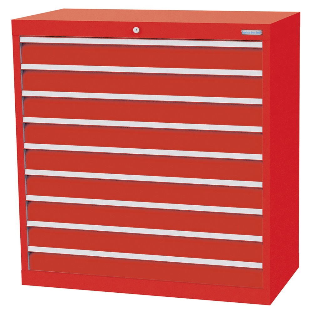 Zdjęcie produktu: Szafa z szufladami Bedrunka+Hirth Profi, szuflady 9 x 100 mm, wys. x szer. x gł. 1019 x 980 x 500 mm, czerwony drogowy, czerwony drogowy