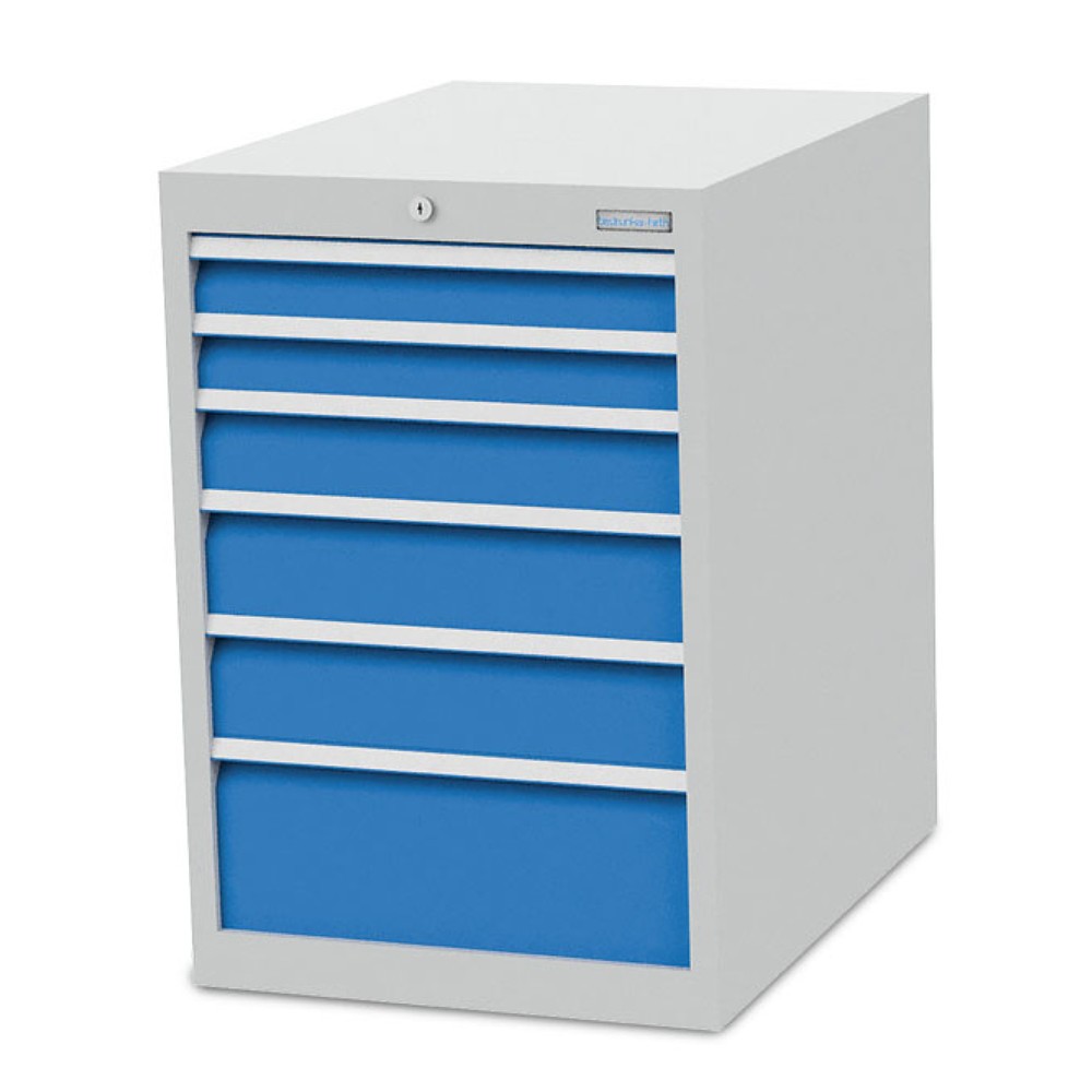 Zdjęcie produktu: Szafa z szufladami Bedrunka+Hirth R 18-24, wys. x szer. x gł. 819 x 555 x 736 mm, kolor jasnoszary, kolor jasnoniebieski, 6 x szuflada, 2 x 75 + 1 x 100 + 2 x 125 + 1 x 200 mm