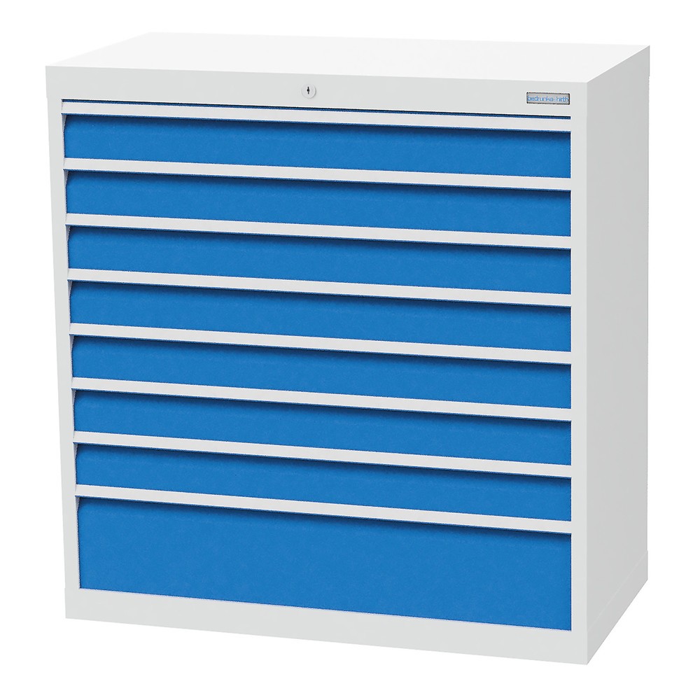 Zdjęcie produktu nr 1: Szafa z szufladami Bedrunka+Hirth R 36-16, wys. x szer. x gł. 1019 x 980 x 500 mm, kolor jasnoszary, kolor jasnoniebieski, 8 x szuflada 7 x 100 + 1 x 200 mm