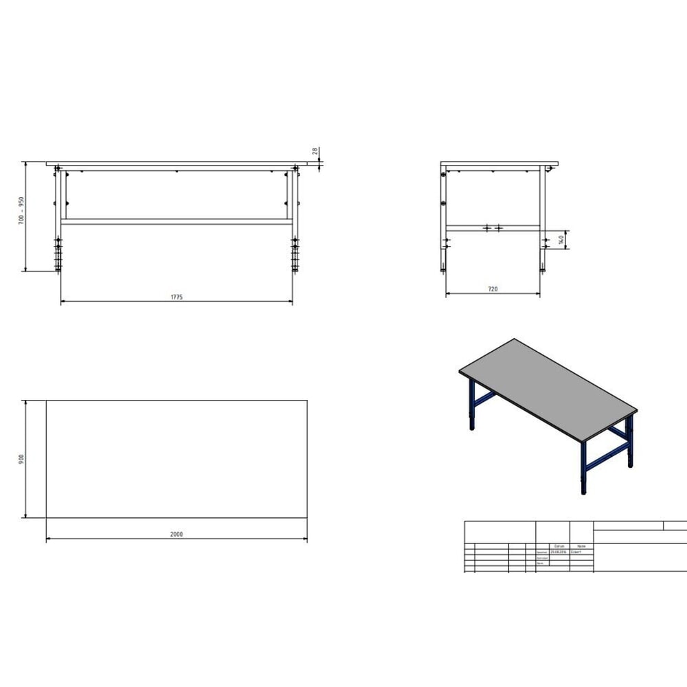 N° de l'image du produit 3 : DAHMEN Table d’emballage Classic réglable manuellement en hauteur, simple face, H x l x P 700-950 x 2 000 x 900 mm
