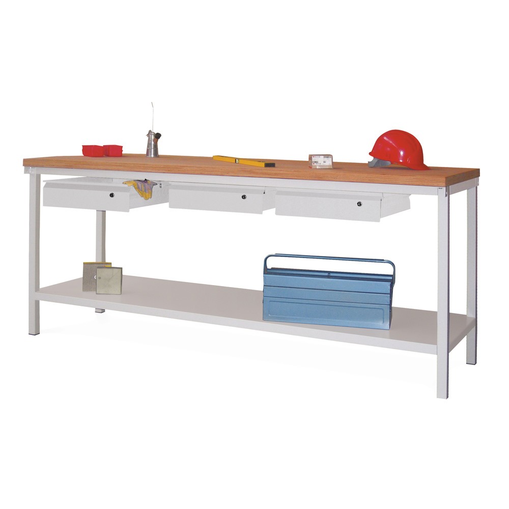 Illustration du produit: Table d’établi PAVOY avec 3 tiroirs + tablette, H x l x P 900 x 2 000 x 700 mm, gris clair, gris clair
