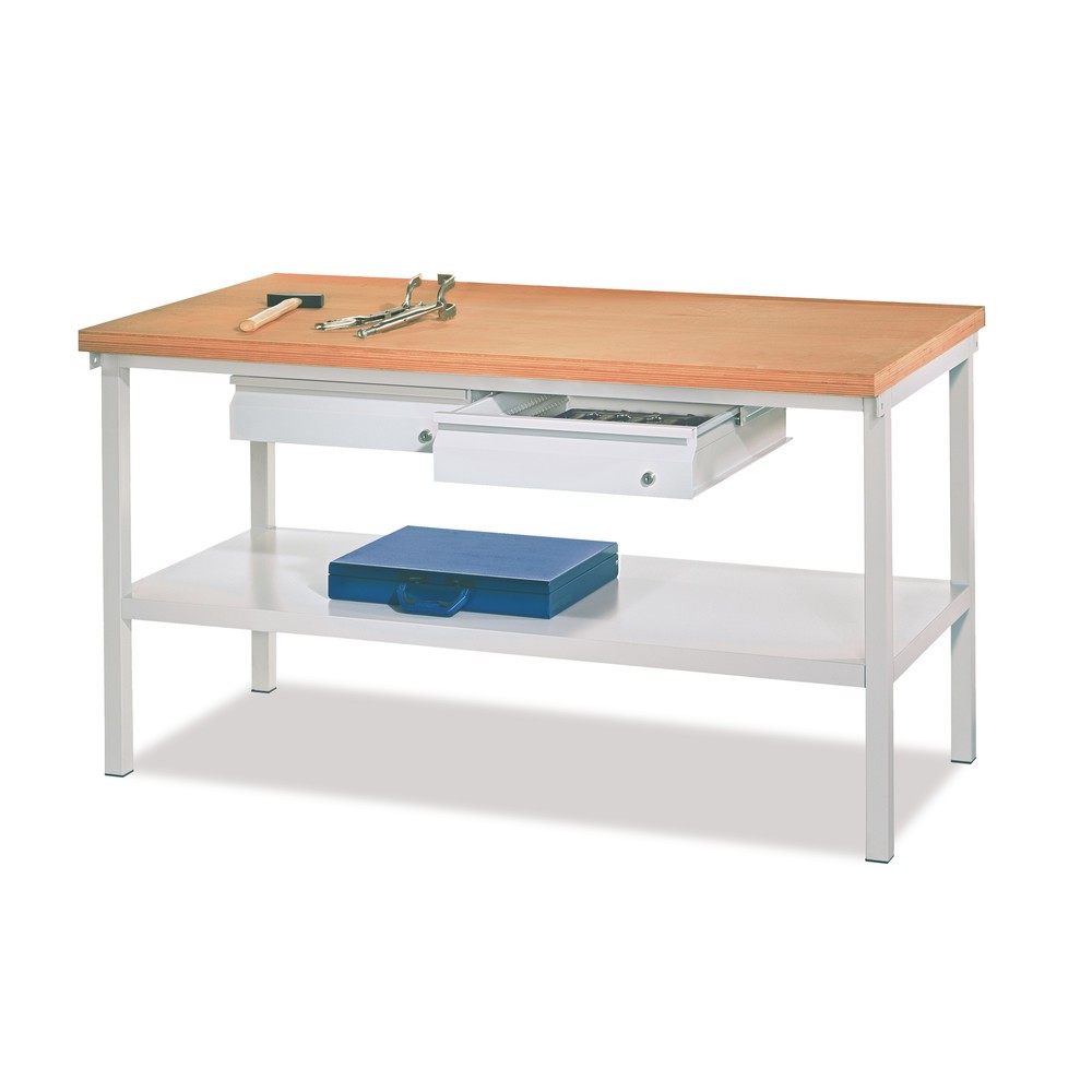 N° de l'image du produit 2 : Table d’établi PAVOY avec 3 tiroirs + tablette, H x l x P 900 x 2 000 x 700 mm, gris clair, gris clair