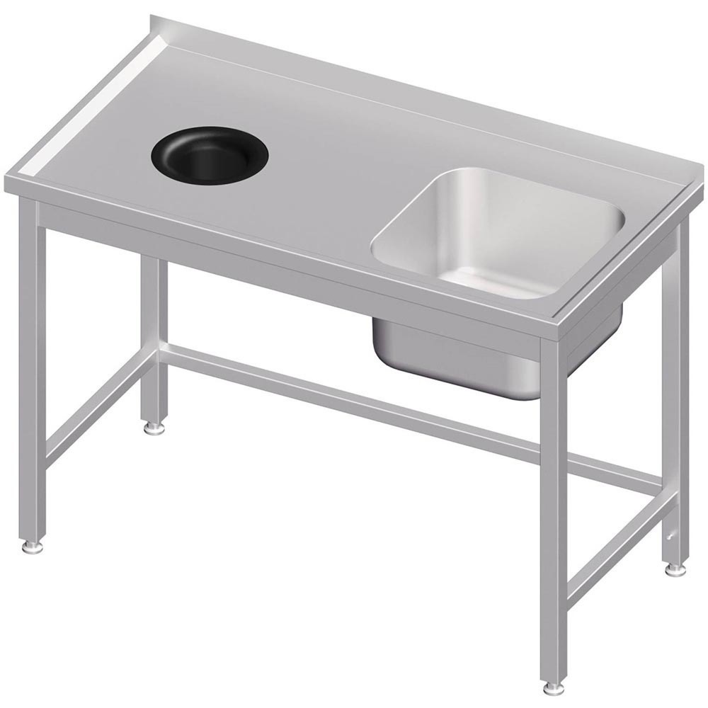 Illustration du produit: Meuble sous-évier Stalgast sans fond, avec trappe à déchets, 1300x700x850 mm, avec un bac à droite, avec rebord, soudé