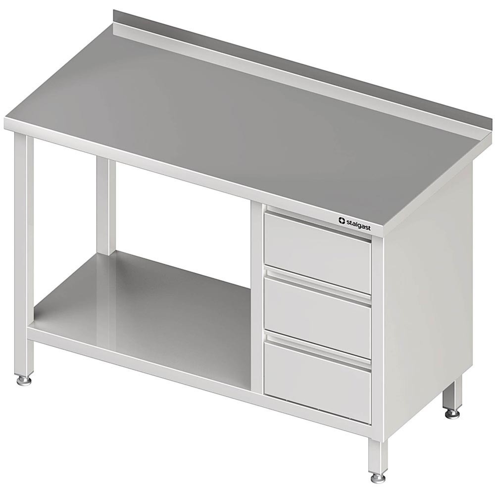 Illustration du produit: Table de travail Stalgast avec fond, 800x600x850 mm, avec bloc 3 tiroirs à droite, avec rebord, soudé