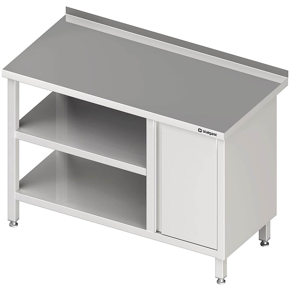 Illustration du produit: Table de travail Stalgast avec fond de base et plateau intermédiaire, 800 x 600 x 850 mm, avec armoire à portes battantes à droite, avec rebord, soudée
