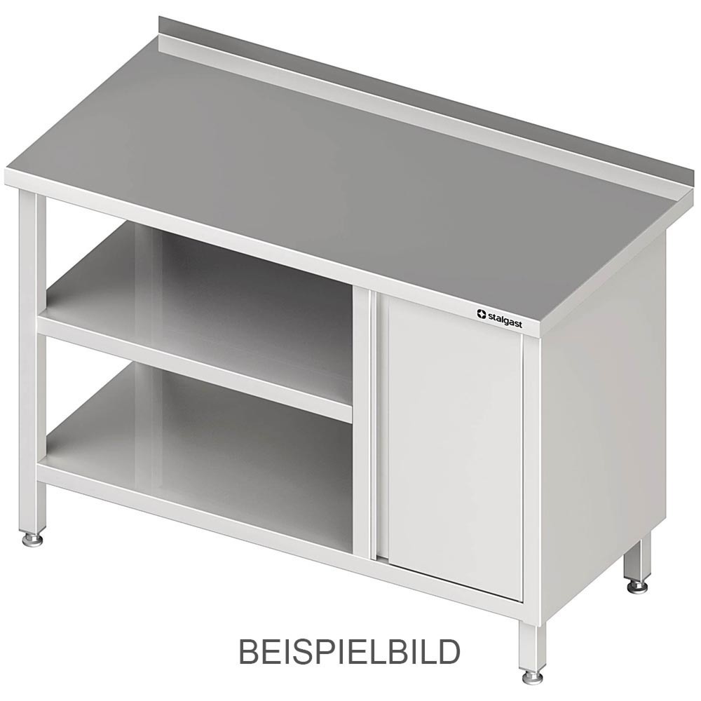 Illustration du produit: Table de travail Stalgast avec fond de base et plateau intermédiaire, 800 x 600 x 850 mm, avec armoire à portes battantes à gauche, avec rebord, soudée