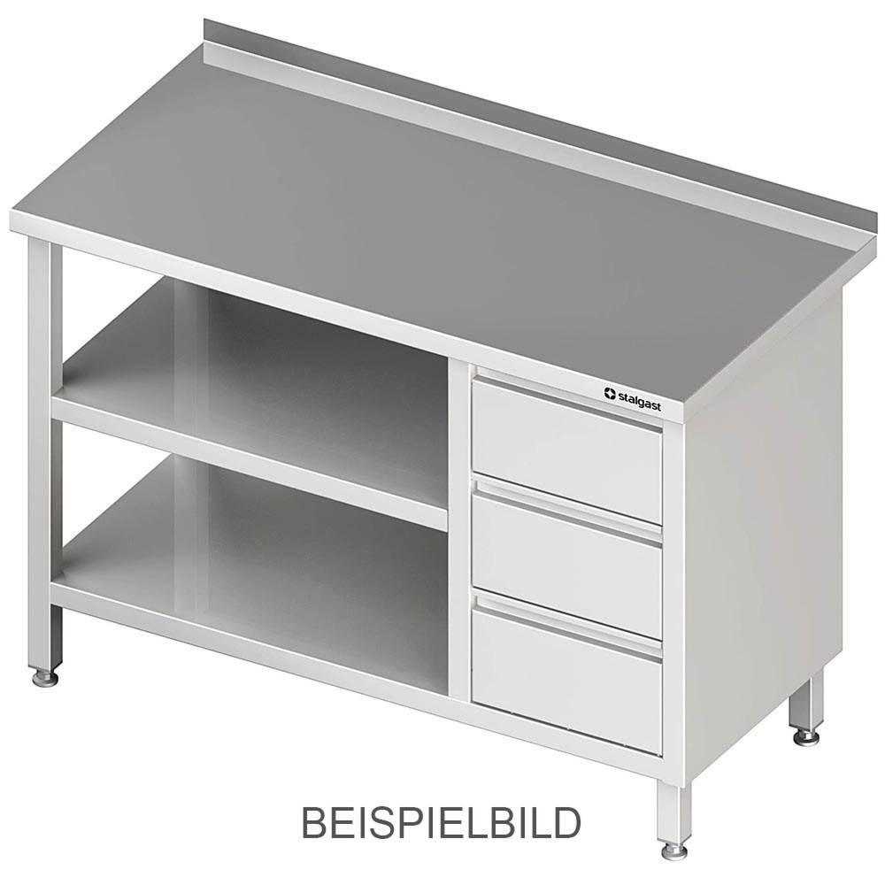 Illustration du produit: Table de travail Stalgast avec fond et plateau intermédiaire, 800 x 600 x 850 mm, avec bloc 3 tiroirs à gauche, avec rebord, soudée