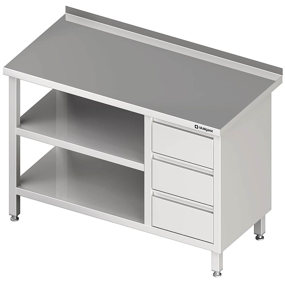 Illustration du produit: Table de travail Stalgast avec fond et plateau intermédiaire, 800 x 600 x 850 mm, avec bloc 3 tiroirs à droite, avec rebord, soudée