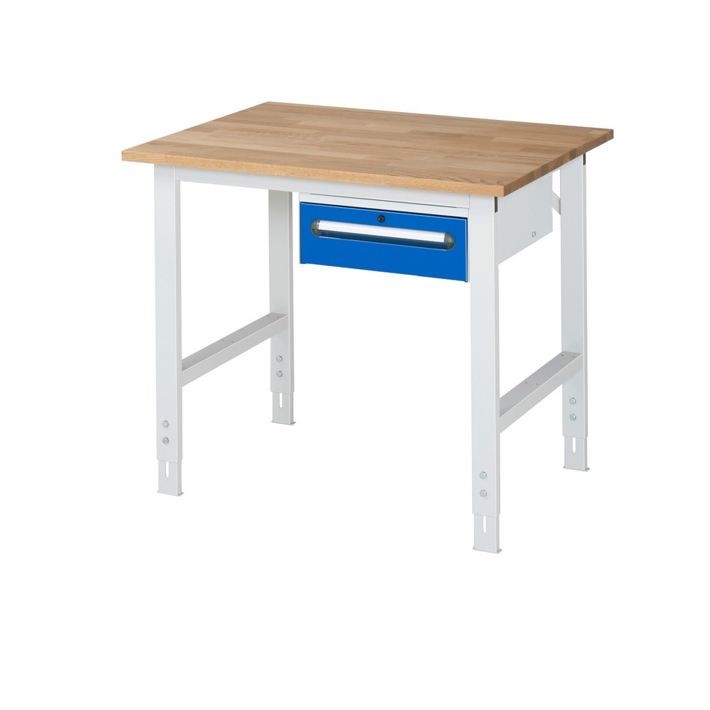 Immagine del prodotto: Tavolo da lavoro RAU regolabile in altezza serie TOM, AxLxP 760-1.080 x 1.000 x 800 mm, 1 cassetto, piano di lavoro in faggio massiccio