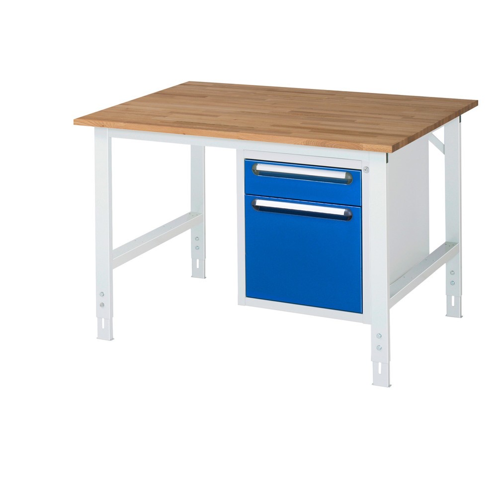 Immagine del prodotto: Tavolo da lavoro RAU regolabile in altezza serie TOM, AxLxP 760-1.080 x 1.250 x 1.000 mm, 2 cassetti, piano di lavoro in faggio massiccio
