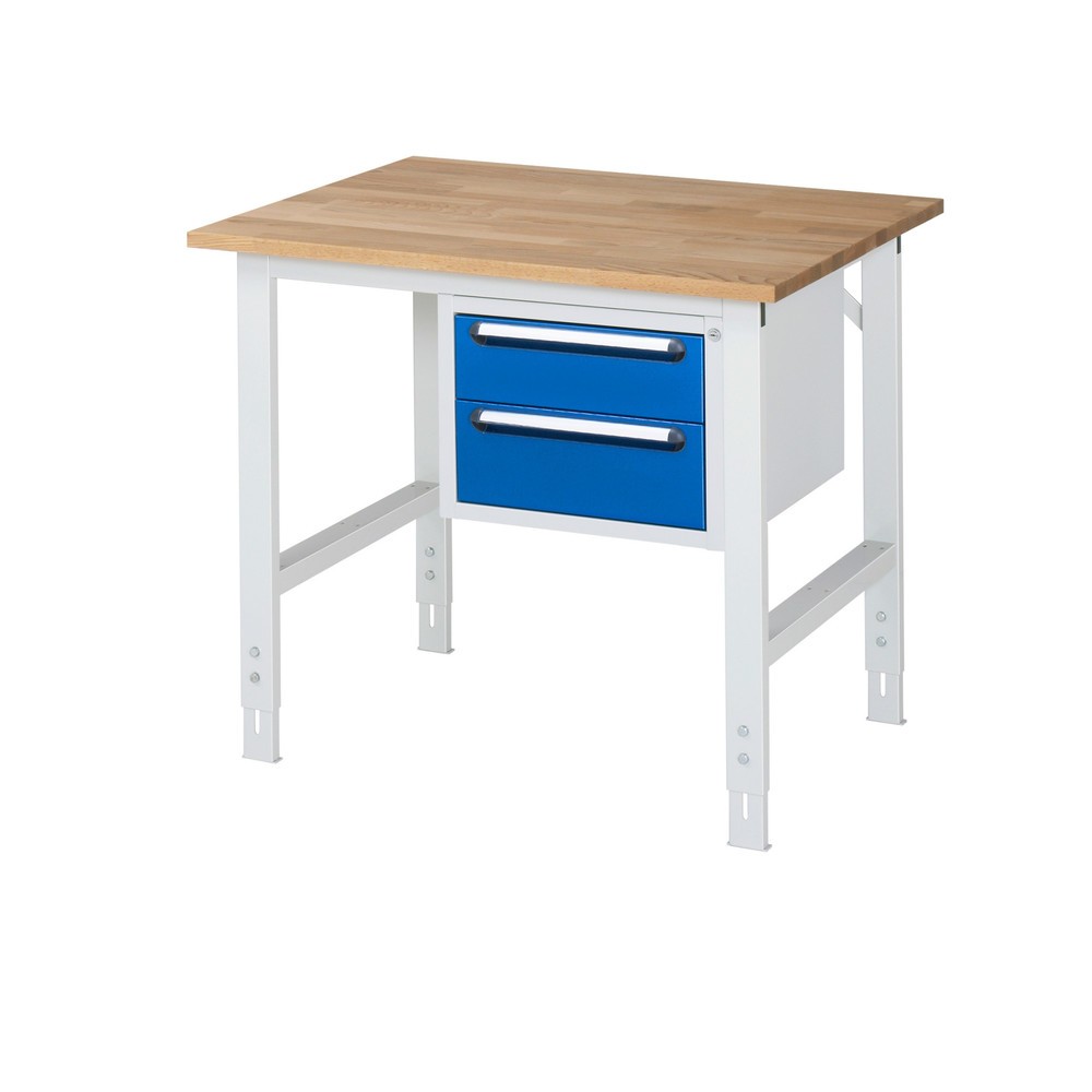 Immagine del prodotto: Tavolo da lavoro RAU regolabile in altezza serie TOM, AxLxP 760-1.080 x 1.000 x 800 mm, 2 cassetti, piano di lavoro in faggio massiccio