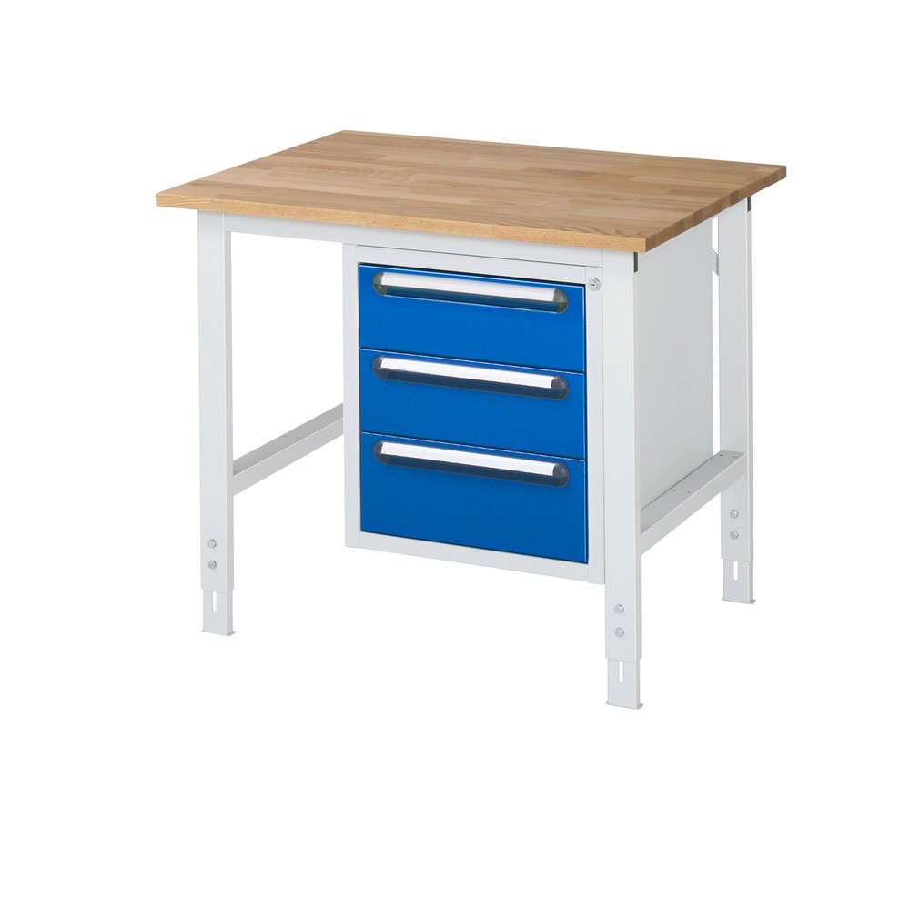 Immagine del prodotto: Tavolo da lavoro RAU regolabile in altezza serie TOM, AxLxP 760-1.080 x 1.000 x 800 mm, 3 cassetti, piano di lavoro in faggio massiccio