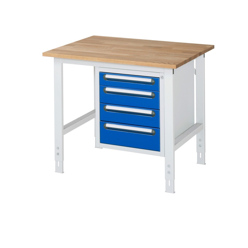 Immagine del prodotto: Tavolo da lavoro RAU regolabile in altezza serie TOM, AxLxP 760-1.080 x 1.000 x 800 mm, 4 cassetti, piano di lavoro in faggio massiccio