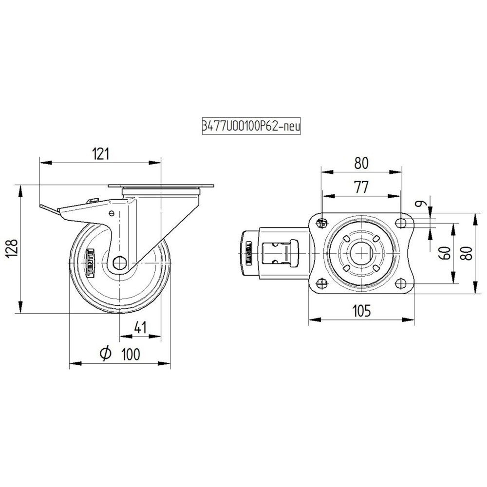 Produktabbildung Nr. 2: TENTE® Lenkrolle Elastik-Gummi, Rollenlager, Totalfeststeller, Schwenklagerschutz, spurlos, Ø x Breite 100 x 50 mm, TK 160 kg