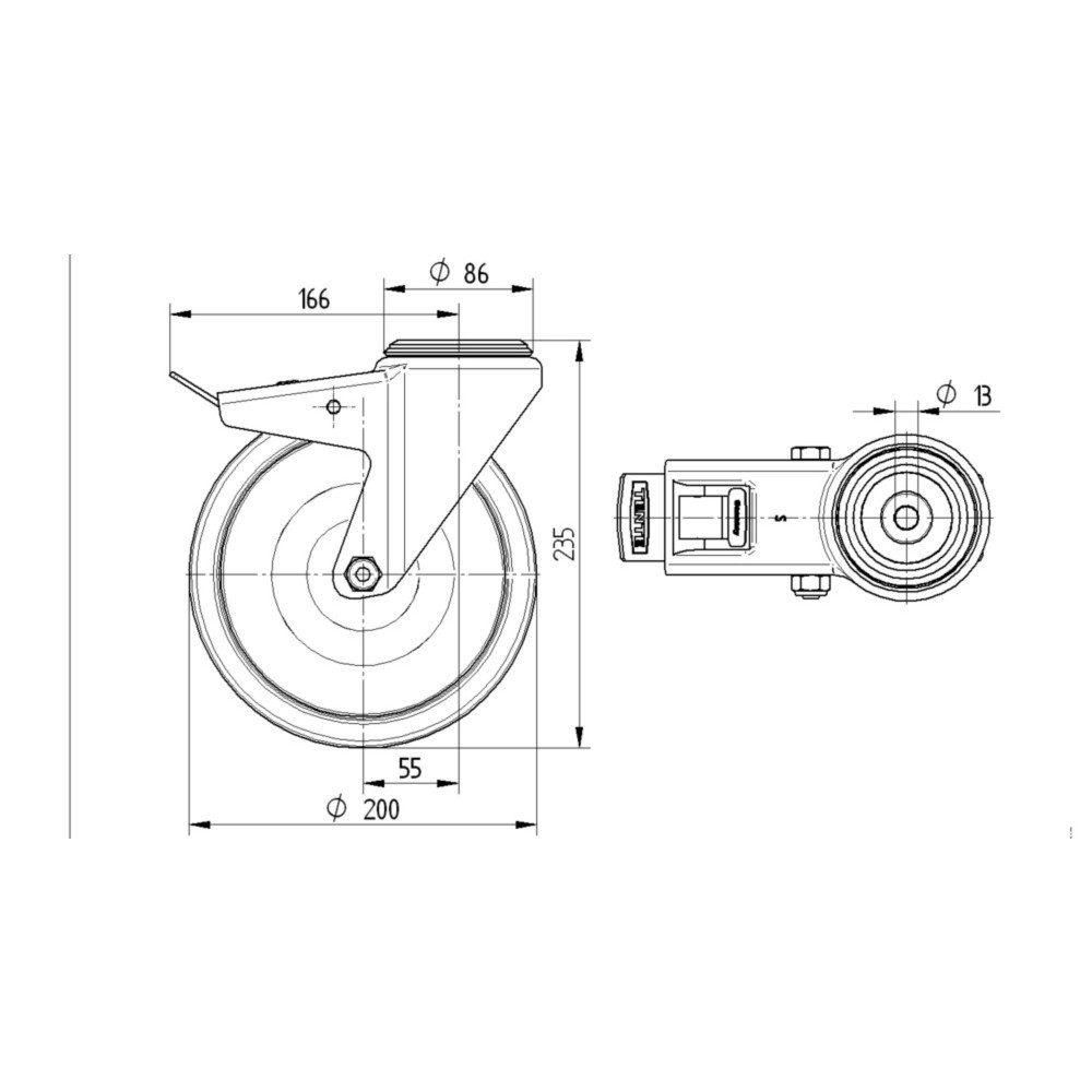 Produktabbildung Nr. 3: TENTE® Lenkrolle Elastik-Gummi, Rollenlager, Totalfeststeller, spurlos, Anschraubloch, Ø x Breite 200 x 50 mm, TK 200 kg