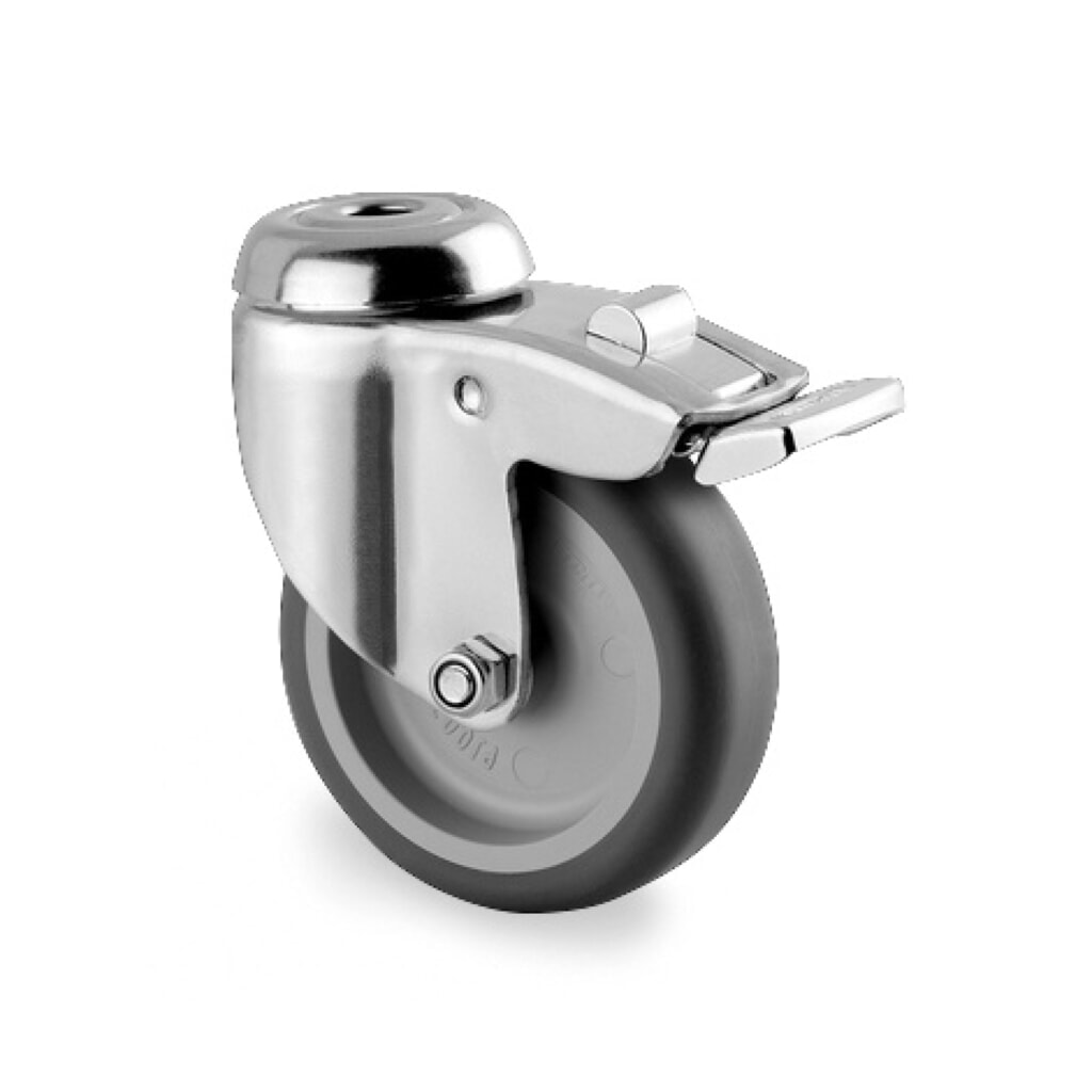 Produktabbildung: TENTE® Lenkrolle TPE, Gleitlager, Edelstahl-Gehäuse, Totalfeststeller, Anschraubloch, Ø x Breite 75 x 50 mm, TK 60 kg