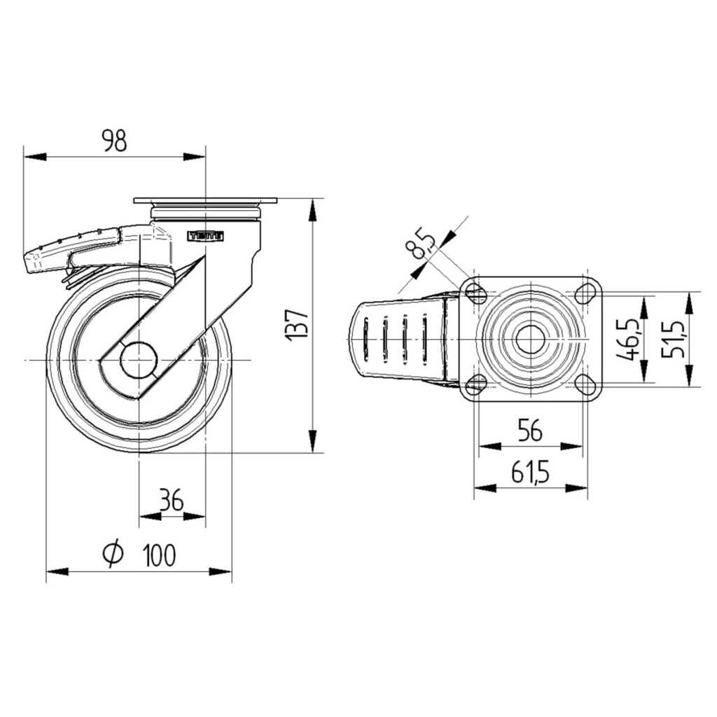 TENTE® Lenkrolle TPE, Präzisionskugellager, Kunststoff-Gehäuse, Totalfeststeller, Ø x Breite 100 x 50 mm, TK 100 kg Produktabbildung Nr. 4: TENTE® Lenkrolle TPE, Präzisionskugellager, Kunststoff-Gehäuse, Totalfeststeller, Ø x Breite 100 x 50 mm, TK 100 kg
