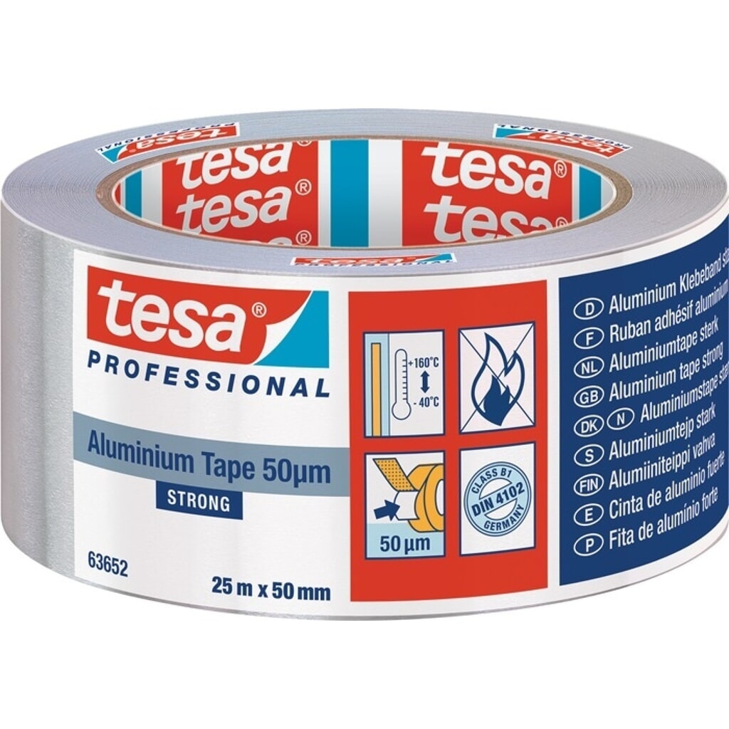 tesa® Aluminiumklebeband Strong 63652, mit Liner, Länge 25 m Breite 50 mm Produktabbildung: tesa® Aluminiumklebeband Strong 63652, mit Liner, Länge 25 m Breite 50 mm