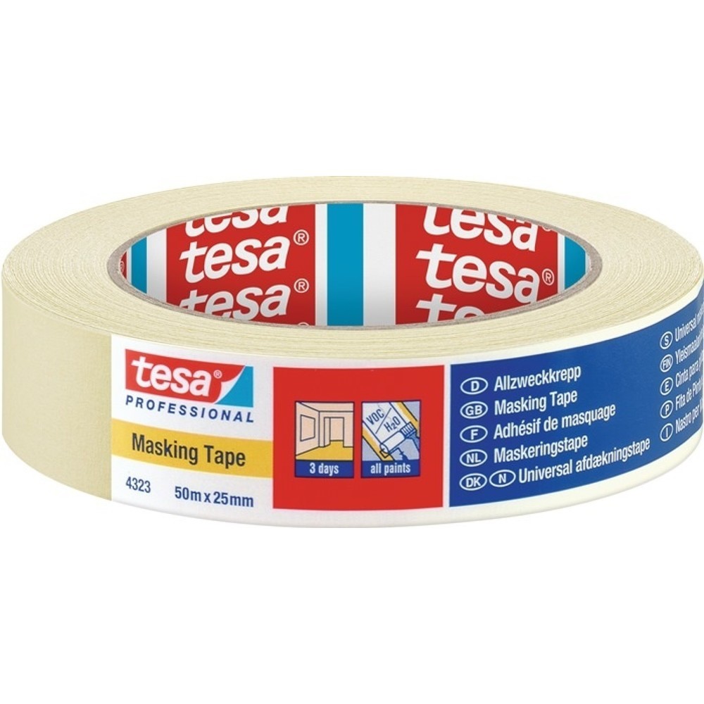 Produktabbildung: tesa® Kreppband 4323, hellbeige, leicht gekreppt, Rolle, Länge 50 m Breite 25 mm