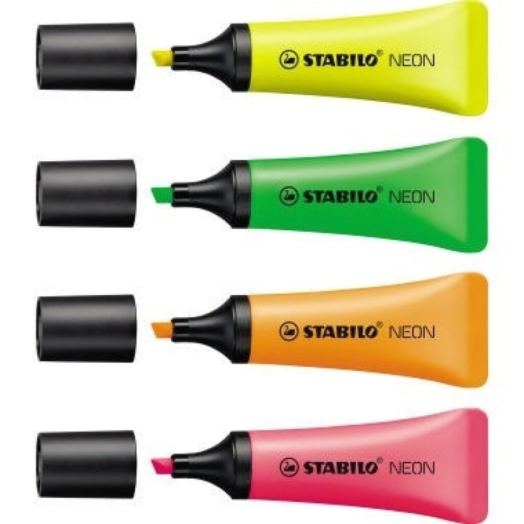 STABILO Textmarker NEON 72/4-1-5 2-5mm sortiert 4 St./Pack. Produktabbildung: STABILO Textmarker NEON 72/4-1-5 2-5mm sortiert 4 St./Pack.
