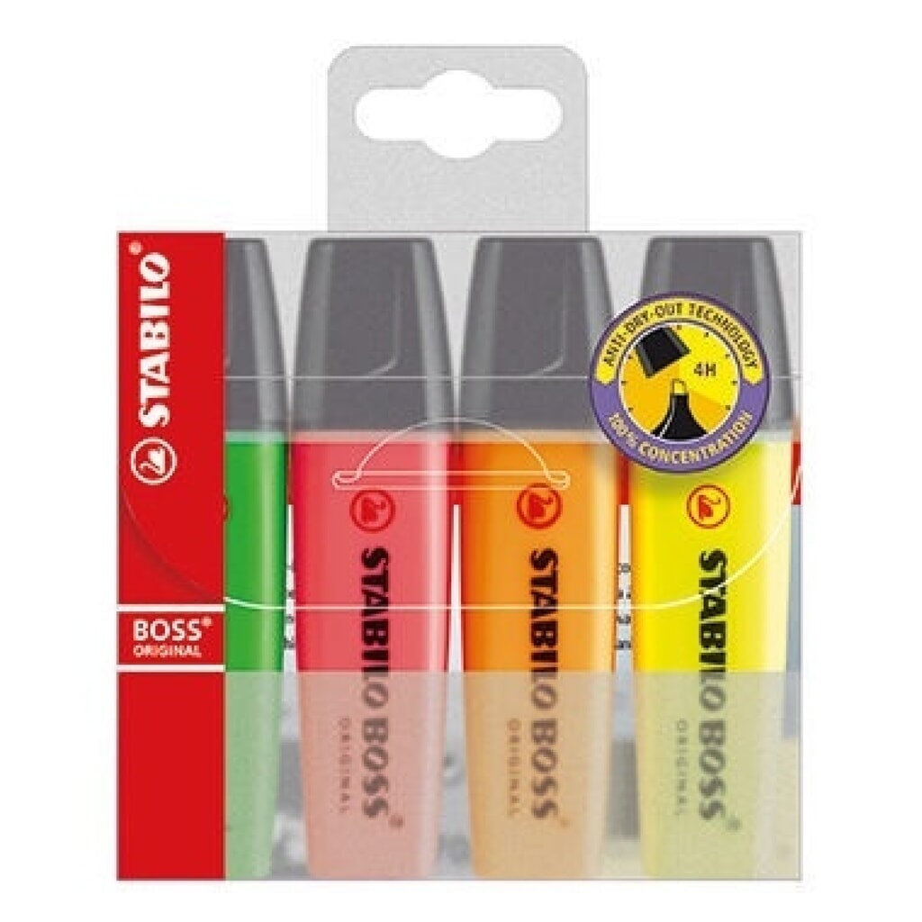 STABILO Textmarker BOSS ORIGINAL 70/4 2-5mm sortiert 4 St./Pack. Produktabbildung: STABILO Textmarker BOSS ORIGINAL 70/4 2-5mm sortiert 4 St./Pack.