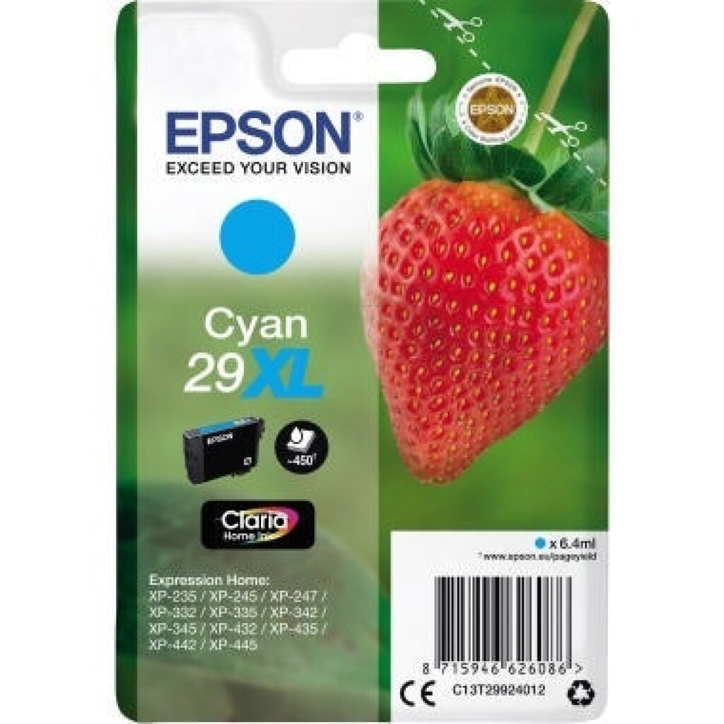 Epson Tintenpatrone C13T29924012 29XL 6,4ml 450Seiten cyan Produktabbildung: Epson Tintenpatrone C13T29924012 29XL 6,4ml 450Seiten cyan