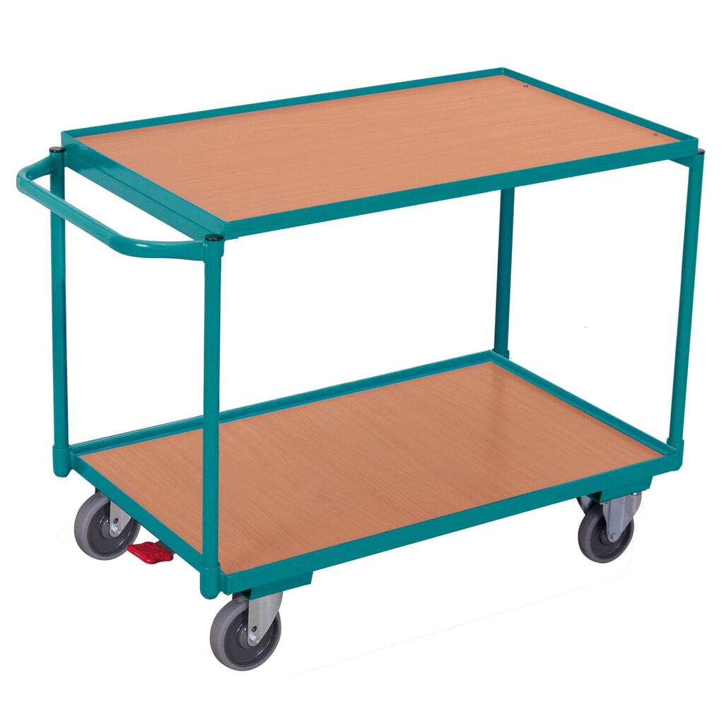 Tischwagen Ameise®, waagerechter Bügel, 2 Etagen à 850 x 500 mm, TK 250 kg, mit Zentralbremse Produktabbildung: Tischwagen Ameise®, waagerechter Bügel, 2 Etagen à 850 x 500 mm, TK 250 kg, mit Zentralbremse