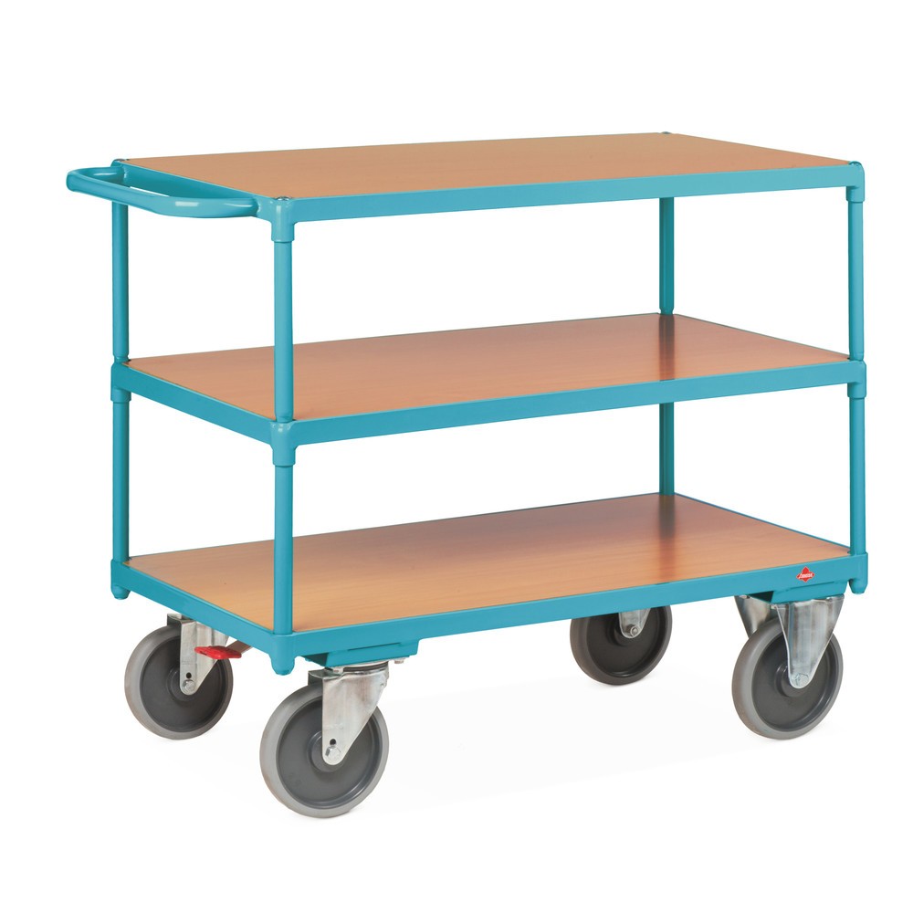 Produktabbildung: Tischwagen Ameise®, waagerechter Bügel, 3 Etagen à 1.200 x 800 mm, TK 500 kg, mit Zentralbremse