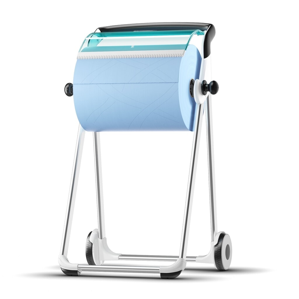 Produktabbildung: TORK® Rollenspender Performance, fahrbar, Rollen bis 430 mm, weiß / türkis