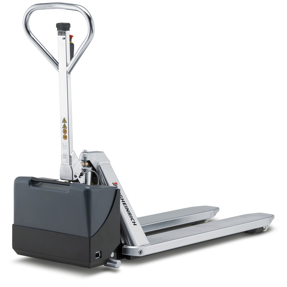 Illustration du produit: Transpalette à ciseaux en acier inoxydable Jungheinrich AMX I15e, capacité de charge 1 500 kg, longueur des fourches 1 200 mm, nylon