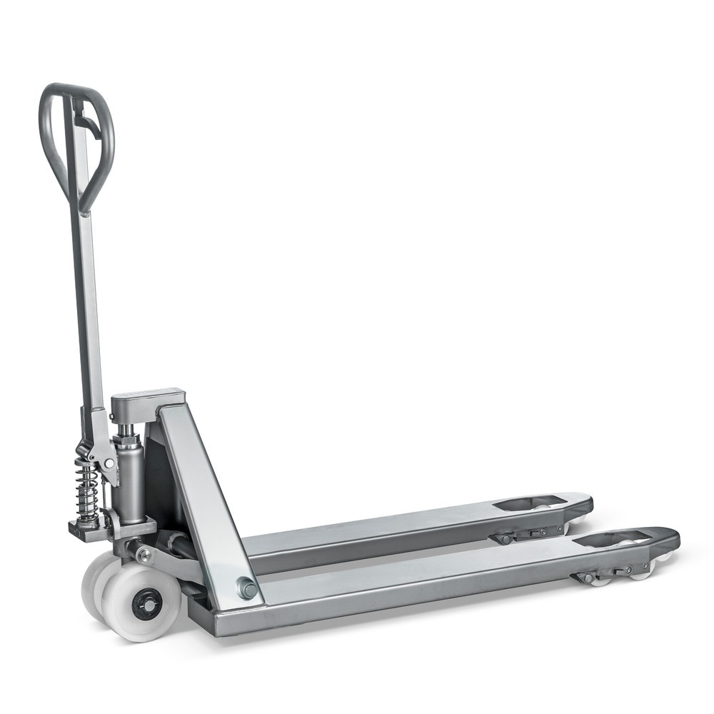 Immagine del prodotto: Transpallet manuale in acciaio INOX, lunghezza totale 1.130 mm, nylon, ruote tandem