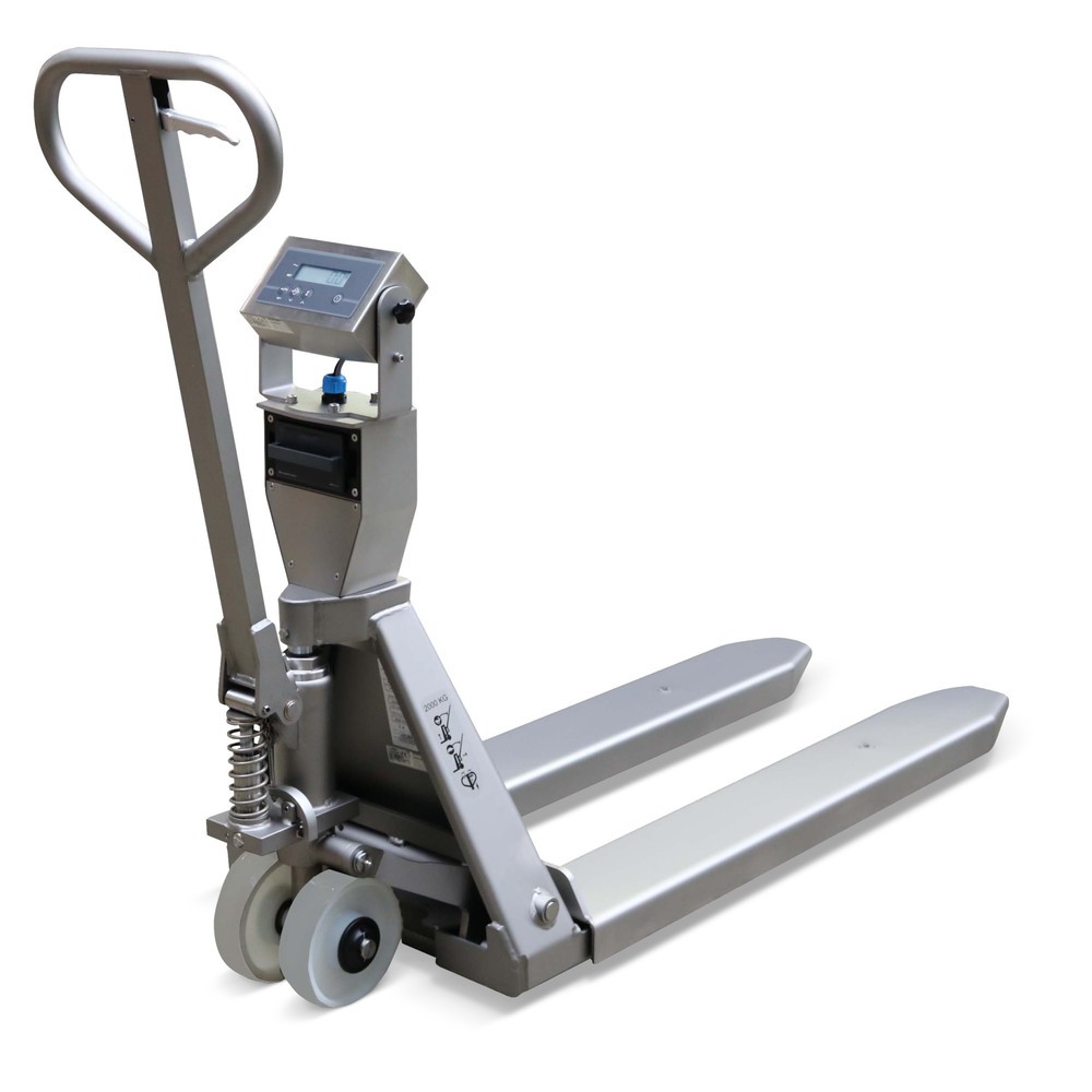 Immagine del prodotto: Transpallet pesatore in acciaio inox INOX PRO con display multirange, portata 2.000 kg, lunghezza forche 1.150 mm, poliammide, ruote tandem