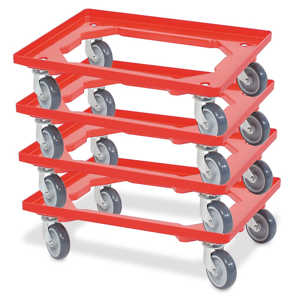 Produktabbildung Nr. 2: Transportroller für Euro-Stapelbehälter 600x400 mm rot, 4 Lenkrollen, graue Gummiräder
