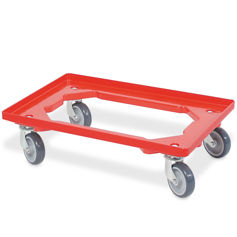 Produktabbildung Nr. 1: Transportroller für Euro-Stapelbehälter 600x400 mm rot, 4 Lenkrollen, graue Gummiräder