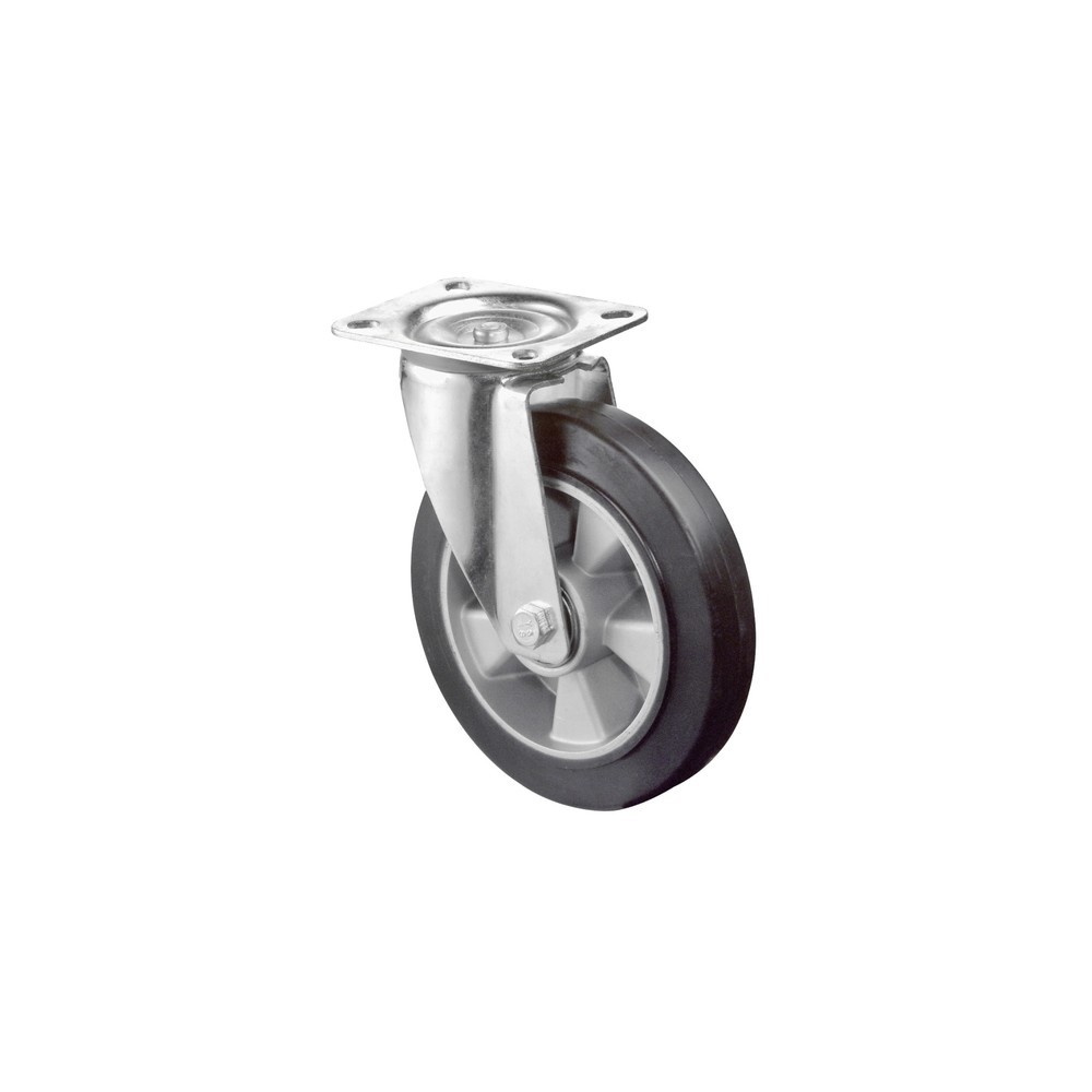 Product afbeelding: Transportwiel elastisch rubber, zwart, zwenkwiel, kogellager, plaat, Ø x breedte 100 x 40 mm, draagvermogen 150 kg
