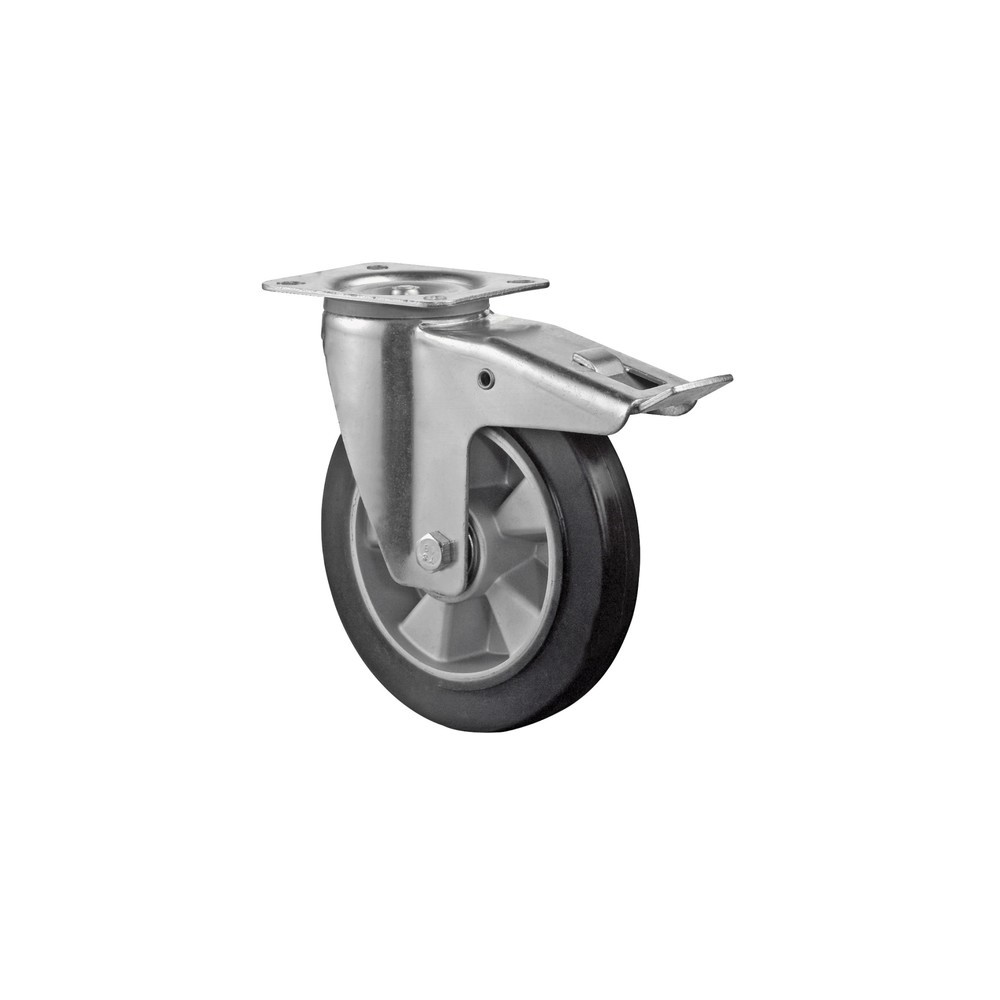 Product afbeelding: Transportwiel elastisch rubber, zwart, zwenkwiel met parkeerrem, kogellager, plaat, Ø x breedte 100 x 40 mm, draagvermogen 150 kg