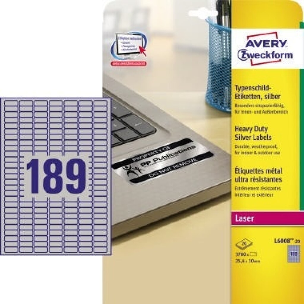 Avery Zweckform Typenschildetikett L6008-20 25,4x10mm 3.780 St./Pack. Produktabbildung: Avery Zweckform Typenschildetikett L6008-20 25,4x10mm 3.780 St./Pack.
