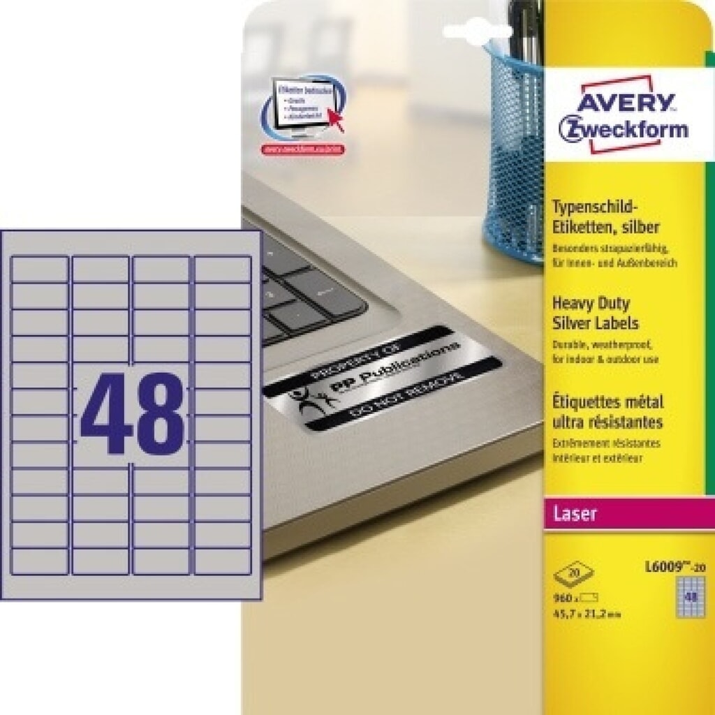 Avery Zweckform Typenschildetikett L6009-20 45,7x21,2mm 960 St./Pack. Produktabbildung: Avery Zweckform Typenschildetikett L6009-20 45,7x21,2mm 960 St./Pack.