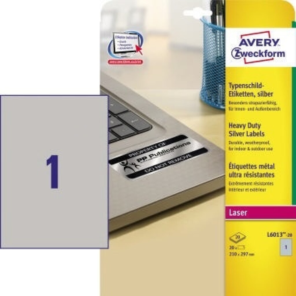 Produktabbildung: Avery Zweckform Typenschildetikett L6013-20 210x297mm 20 St./Pack.