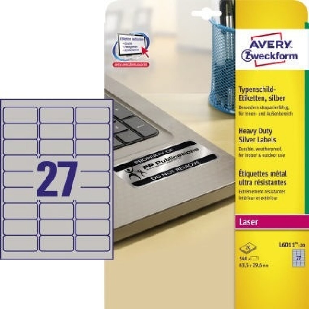 Avery Zweckform Typenschildetikett L6011-20 63,5x29,6mm 540 St./Pack. Produktabbildung: Avery Zweckform Typenschildetikett L6011-20 63,5x29,6mm 540 St./Pack.