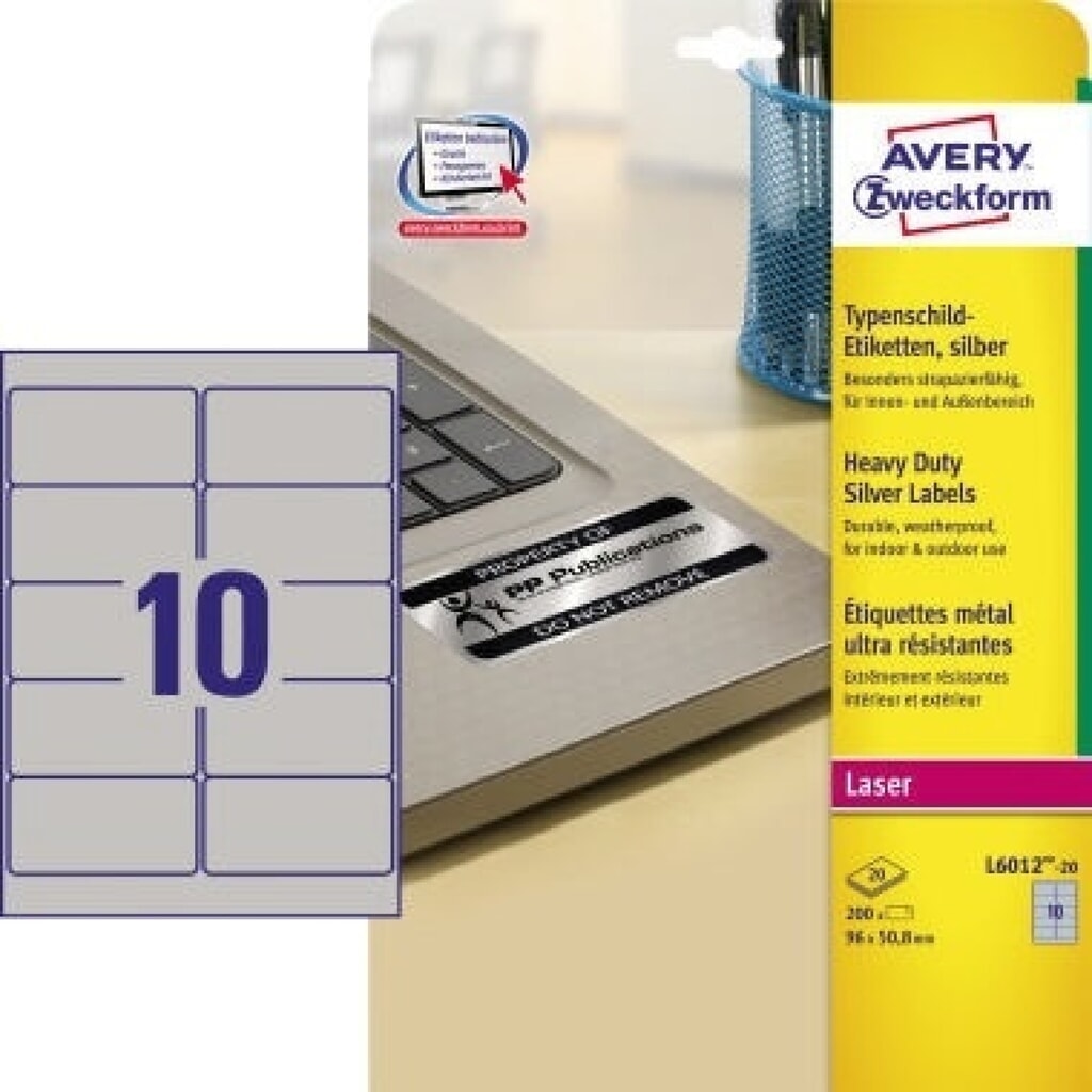 Avery Zweckform Typenschildetikett L6012-20 96x50,8mm 200 St./Pack. Produktabbildung: Avery Zweckform Typenschildetikett L6012-20 96x50,8mm 200 St./Pack.