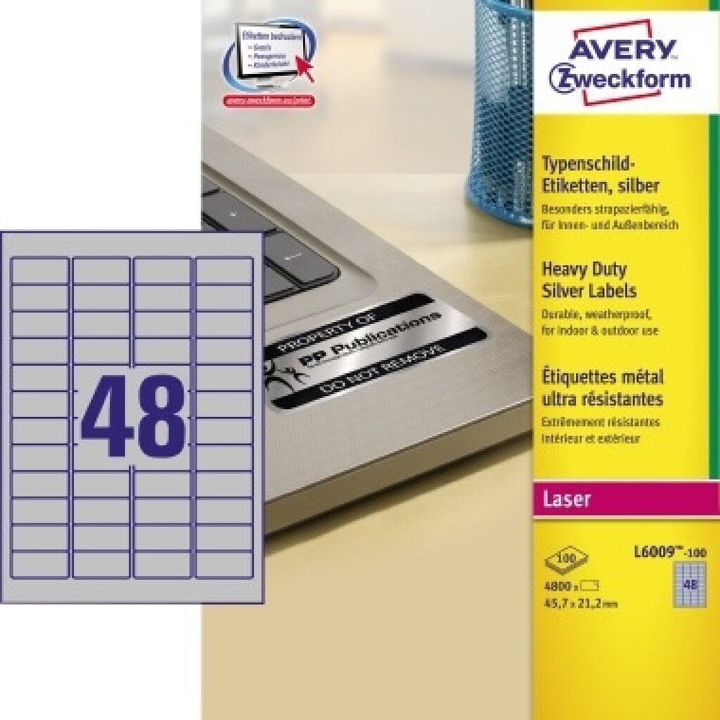 Avery Zweckform Etikett L6009-100 45,7x21,2mm Typenschild Produktabbildung: Avery Zweckform Etikett L6009-100 45,7x21,2mm Typenschild