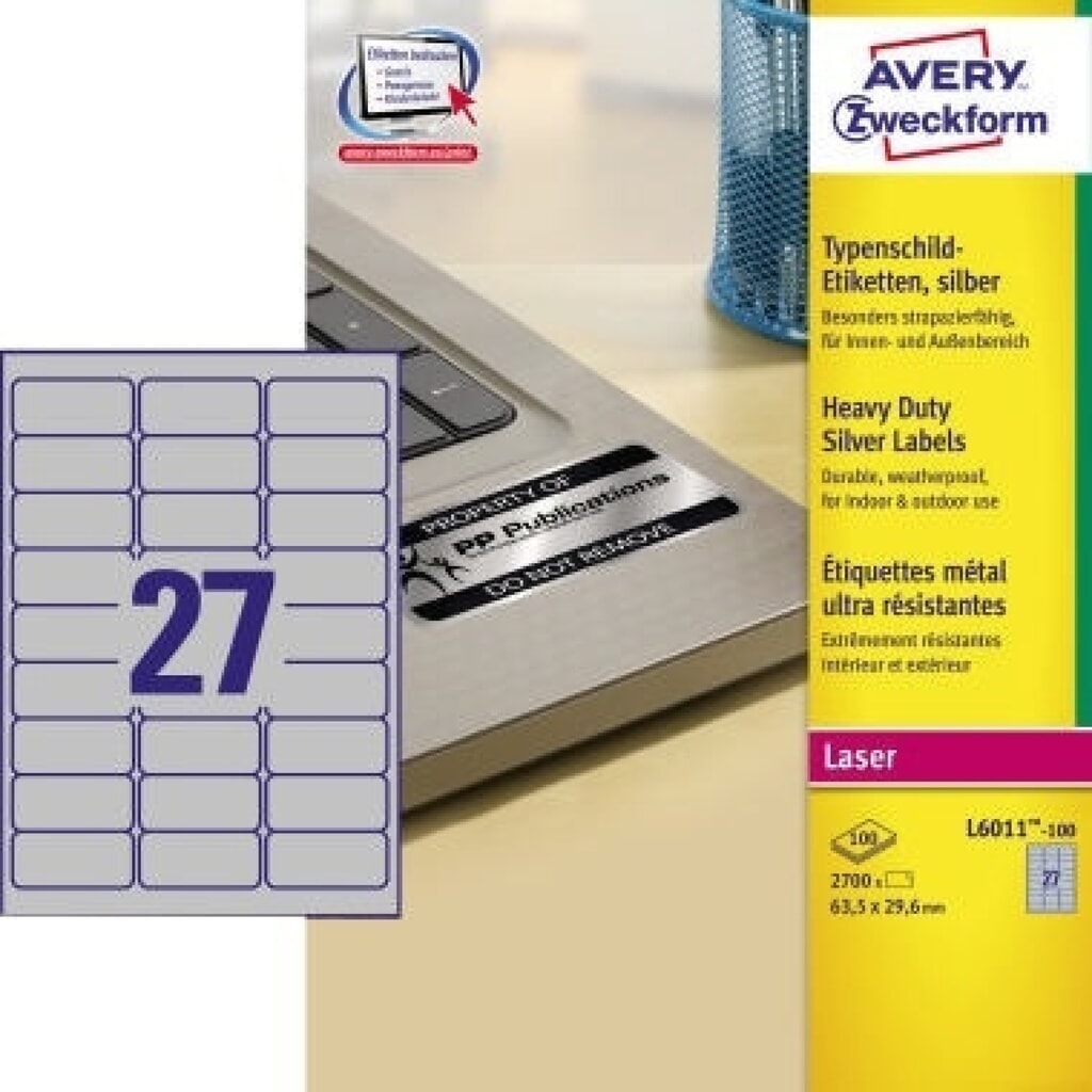 Avery Zweckform Etikett 63,5x29,6mm Typenschild 2.700 Etik./Pack. Produktabbildung: Avery Zweckform Etikett 63,5x29,6mm Typenschild 2.700 Etik./Pack.