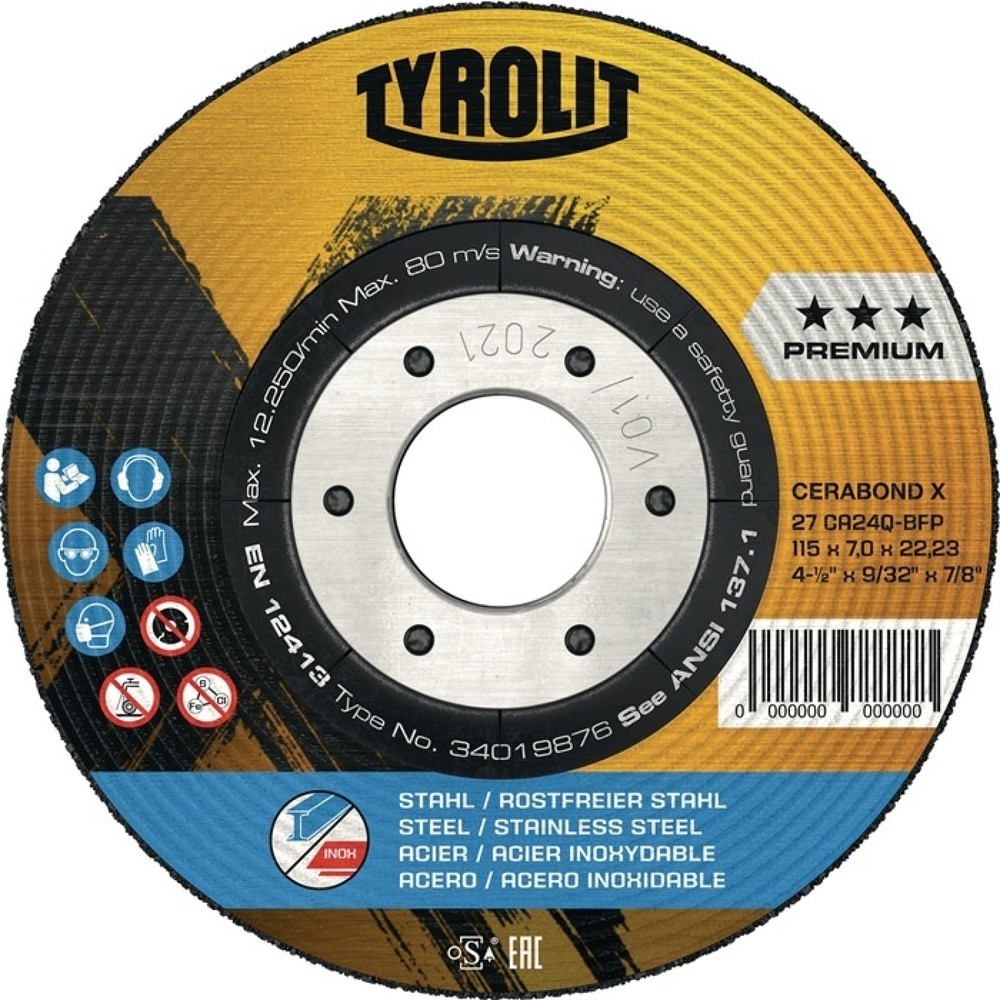 Produktabbildung: TYROLIT Schruppscheibe CERABOND X D125xS7mm gekr.INOX/Stahl Bohr.22,23mm