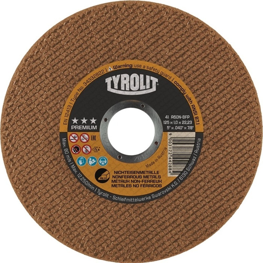 Produktabbildung: TYROLIT Trennscheibe Premium D125x1mm ger.NE-Metalle Bohr.22,23mm