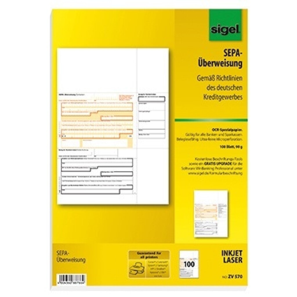 Produktabbildung: Sigel Überweisung ZV570 DIN A4 für InkJet/Laser-Drucker 100 Bl./Pack.