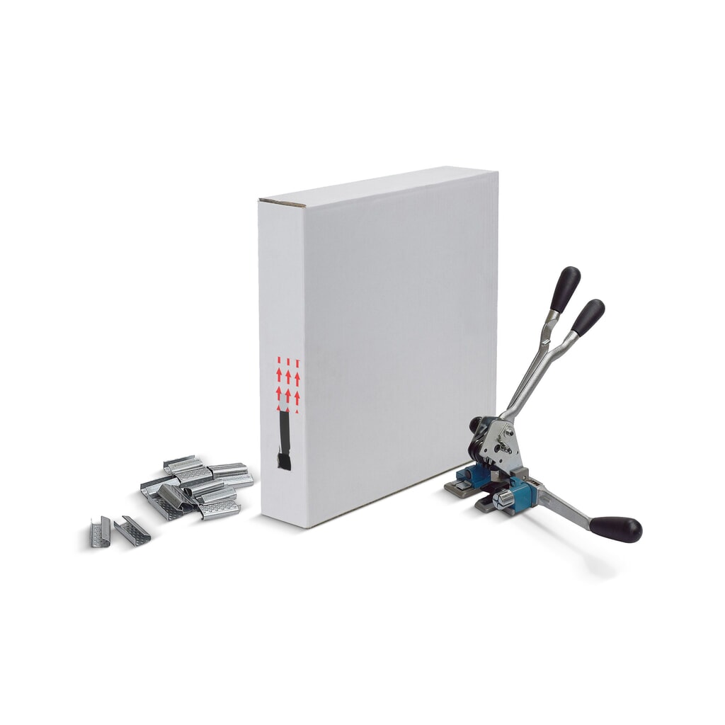 Umreifungs-Set Basic inkl. PP-Umreifungsband und Verschlusshülsen, Bandbreite 13 mm Produktabbildung: Umreifungs-Set Basic inkl. PP-Umreifungsband und Verschlusshülsen, Bandbreite 13 mm