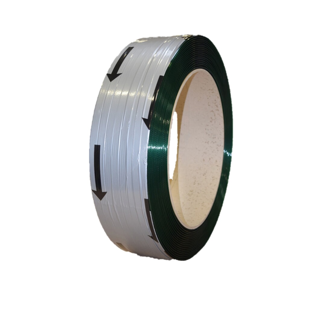 Umreifungsband aus PET, High Quality, geprägt, 12,5 mm x 2.500 lfm., Kern-Ø 406 mm, Stärke 0,60 mm, grün Produktabbildung: Umreifungsband aus PET, High Quality, geprägt, 12,5 mm x 2.500 lfm., Kern-Ø 406 mm, Stärke 0,60 mm, grün