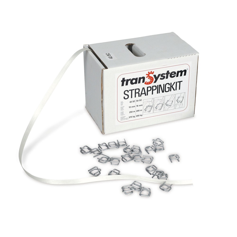 Produktabbildung: Umreifungsband-Set aus PET, verleimt, 16 mm x 200 lfm., inkl. Metallschnallen, weiß